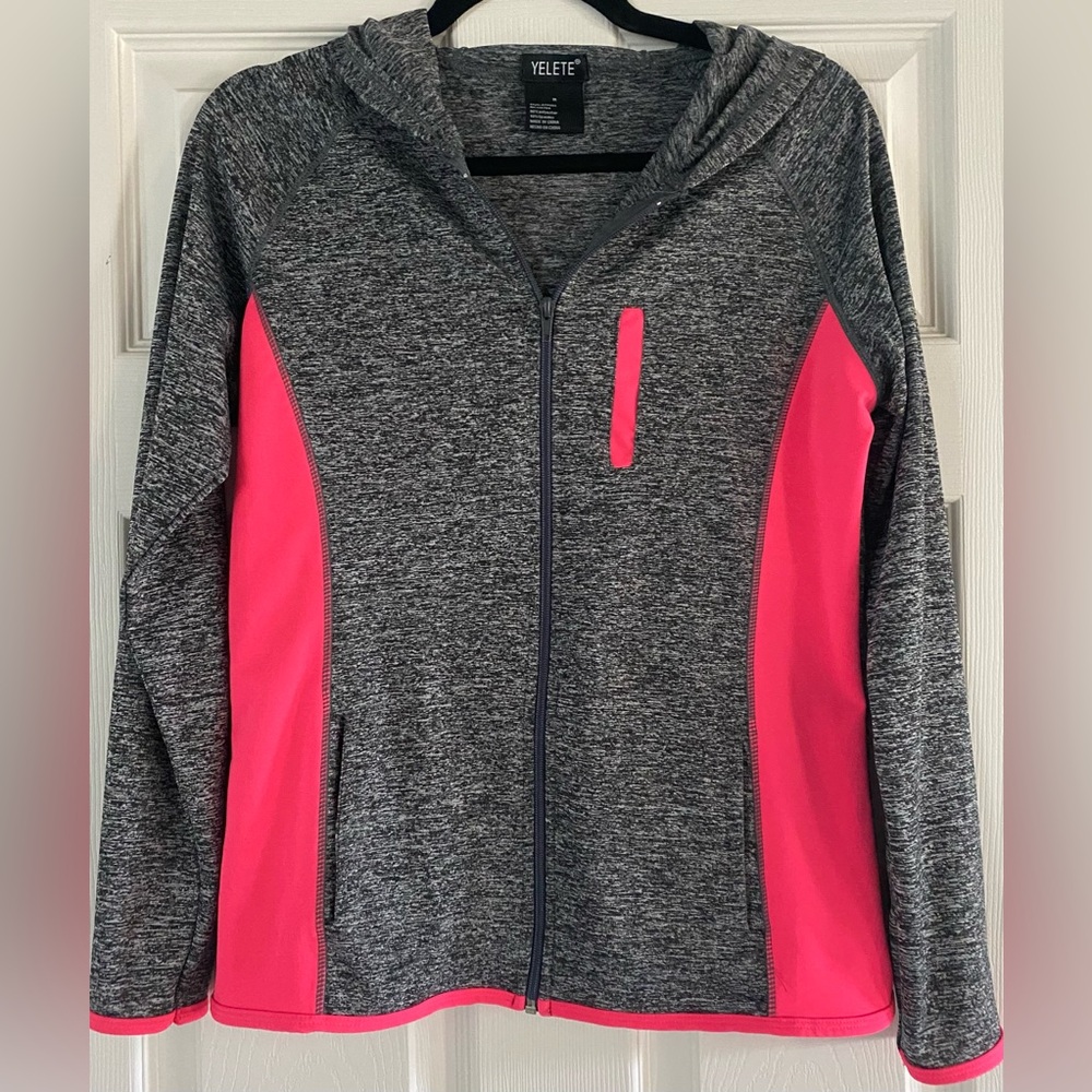 Yelete full zip up hoodie with pockets.  Heathered charcoal and hot pink.